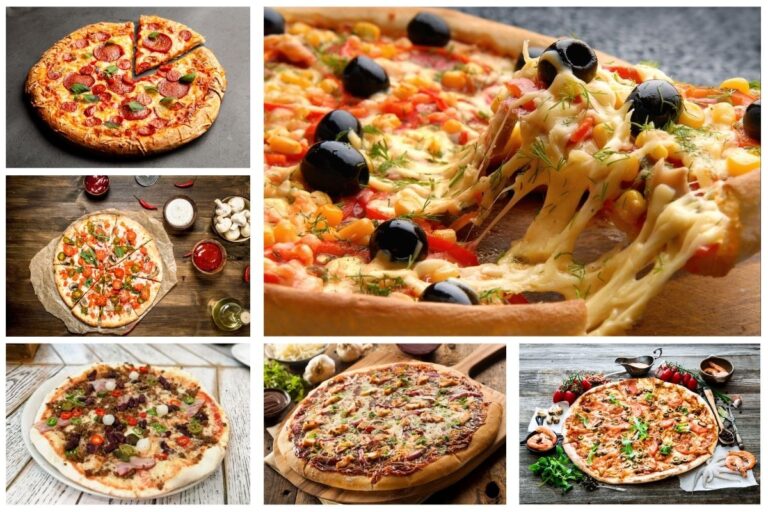 A collage image of six delicious Mexican pizza.