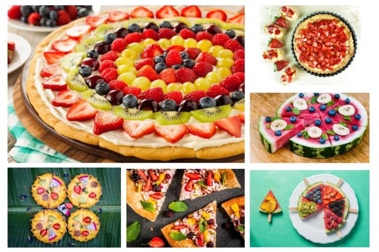 Featured image of the different types of fruit pizza in collage form.