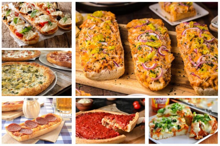 Collage photo of various french bread pizza recipes in one frame.