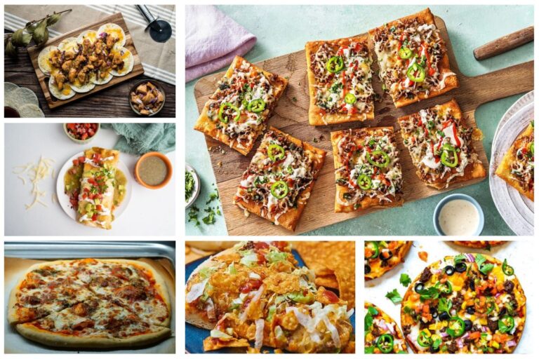 A collage photo of different kinds of pizza recipes of a taco pizza.