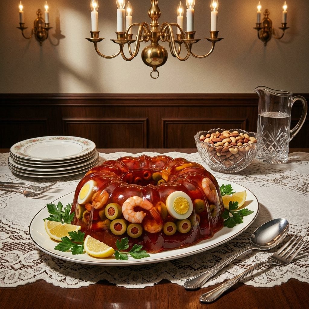 Aspic Molds Containing Seafood and Olives, Because Savory Gelatin Seemed Like a Fine Idea