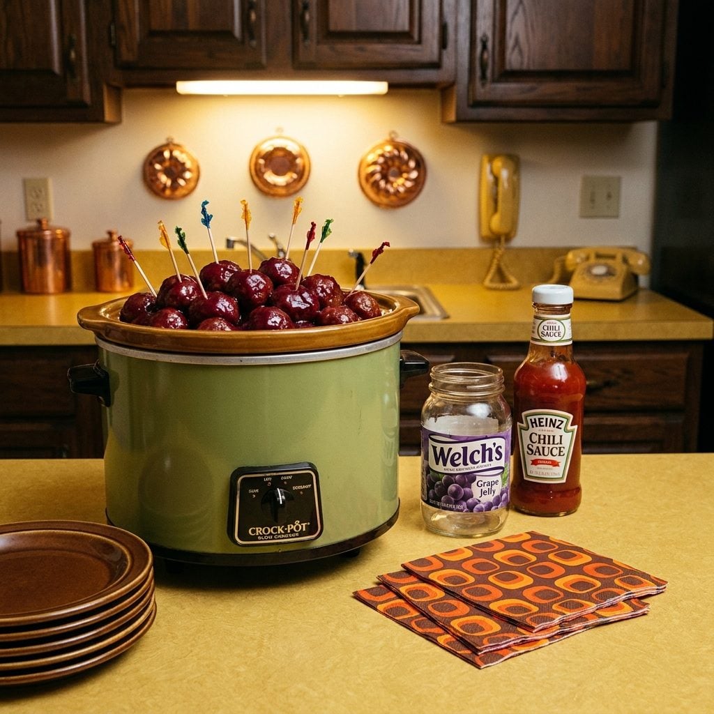 Cocktail Meatballs Simmered in Grape Jelly and Chili Sauce