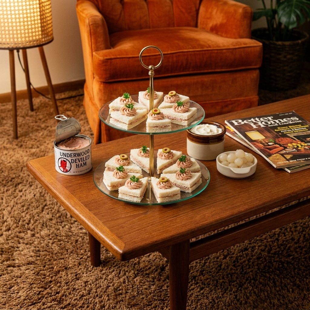 Deviled Ham Spread Piped onto Crustless White Bread Tea Sandwiches