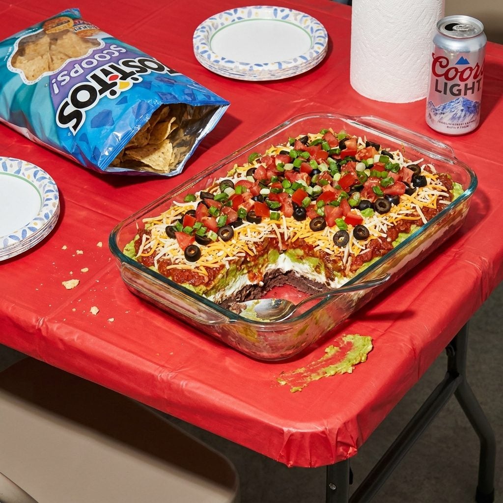 Seven-Layer Taco Dip in a 9x13 Pyrex That Arrived at Every Single Gathering from 1991 to 1999