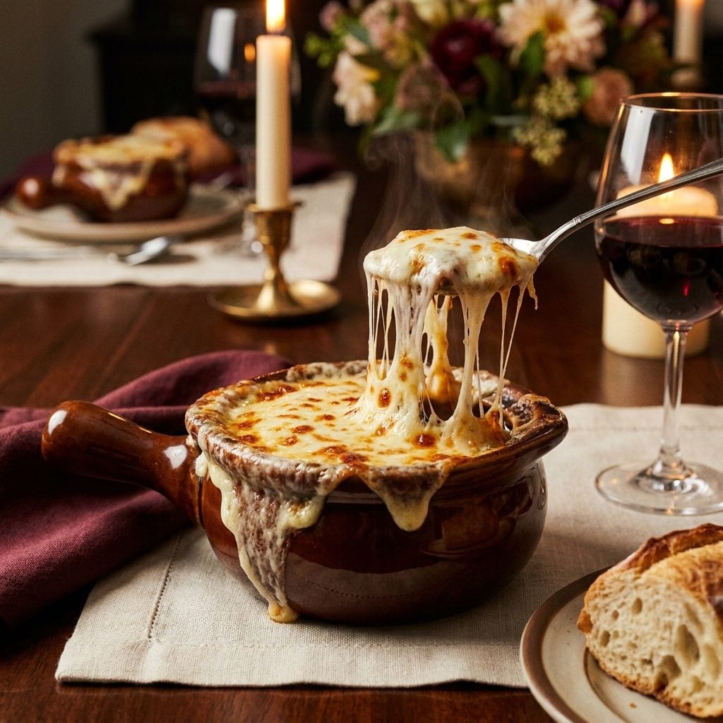 French Onion Soup with a Mozzarella Cap So Thick You Needed a Steak Knife