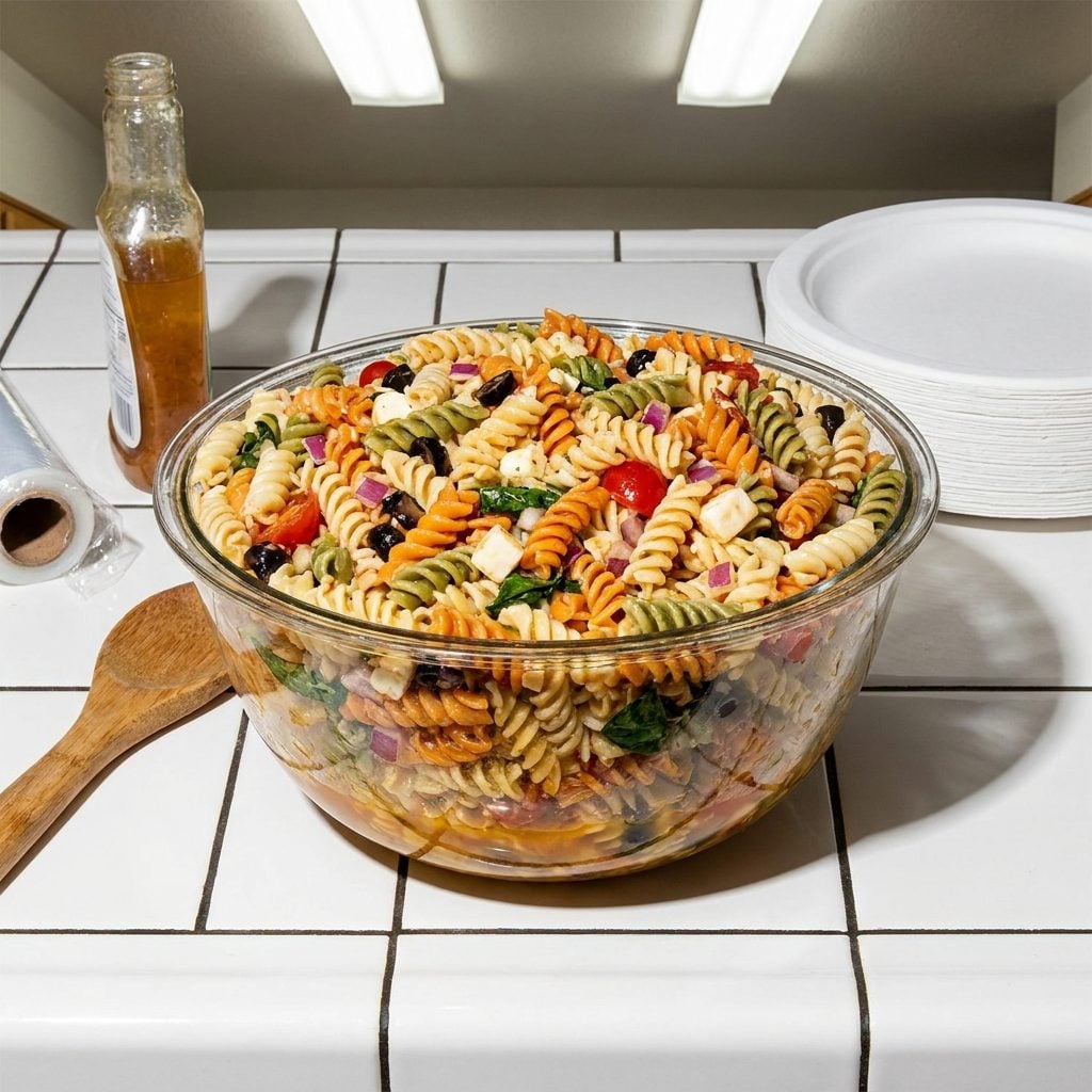 Tri-Color Rotini Salad Dressed in Bottled Italian That Turned Everything Orange