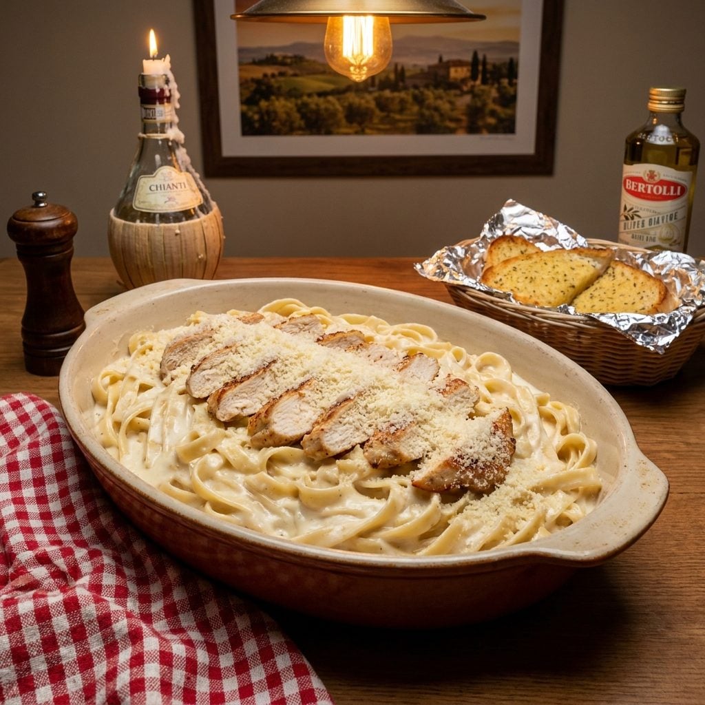Chicken Fettuccine Alfredo Heavy Enough to Stop Conversation Mid-Sentence
