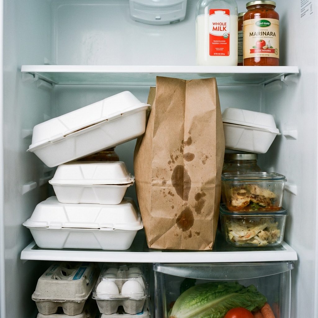 Leaving Takeout in Bulky Restaurant Containers That Get Buried Under Everything Else