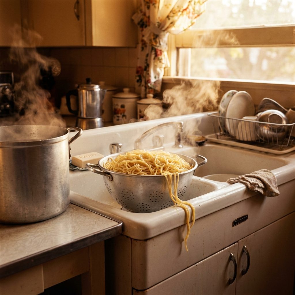 The Colander That Drained the Pasta Over the Sink in a Cloud of Steam