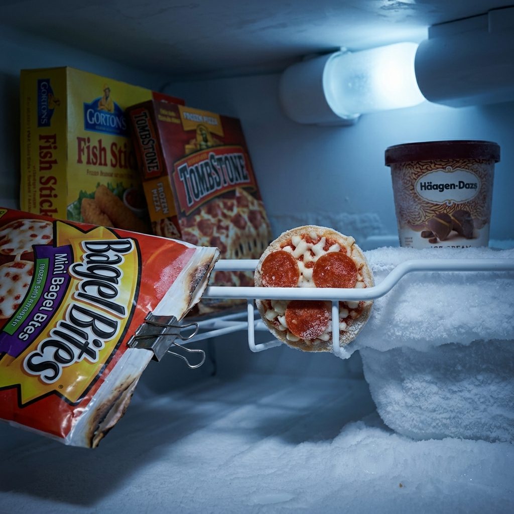 Finding a Lone Bagel Bite That Fell Behind the Freezer Shelf and Deciding Its Fate