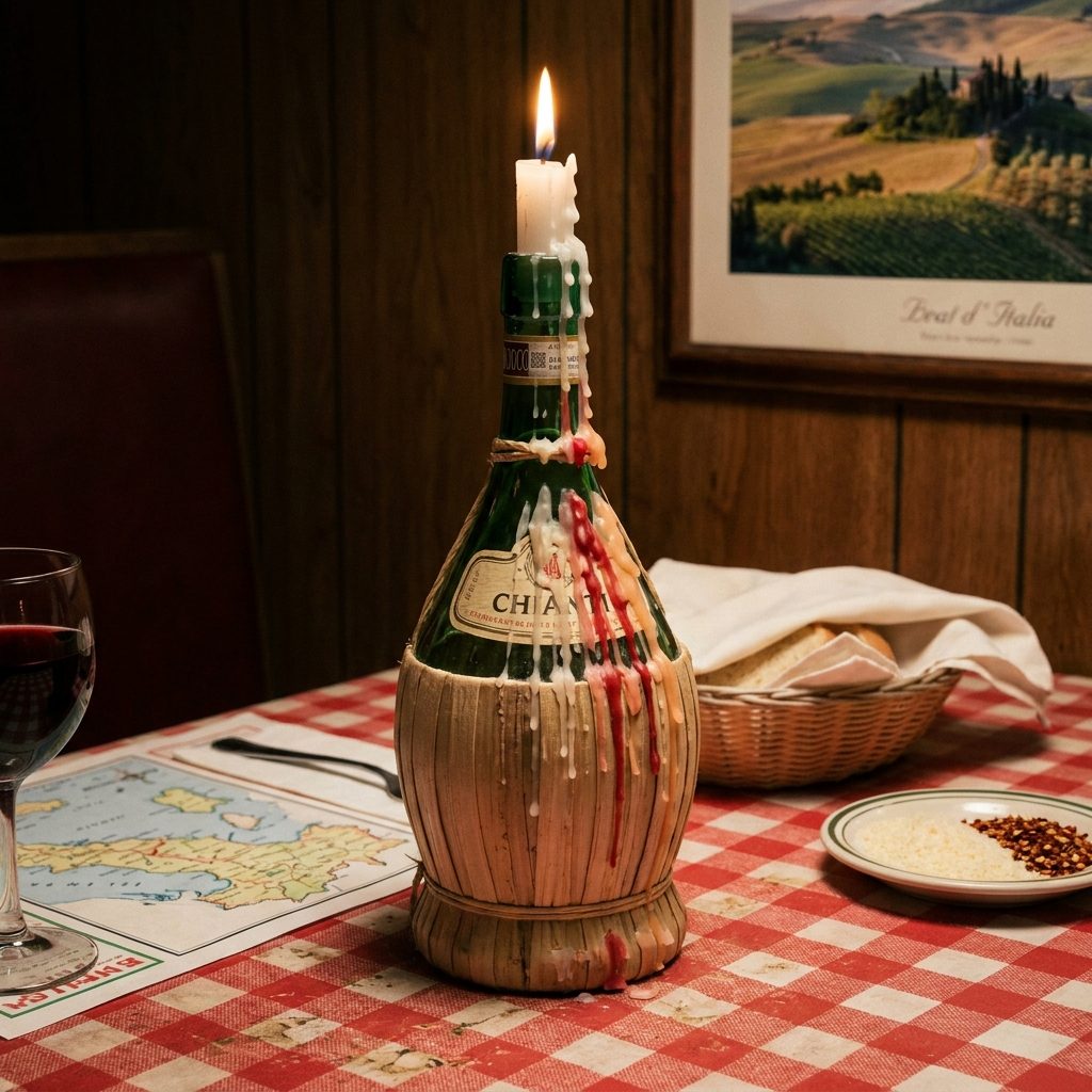 The Green Chianti Bottle With the Wax Stalactites Serving as the Table's Candle Holder