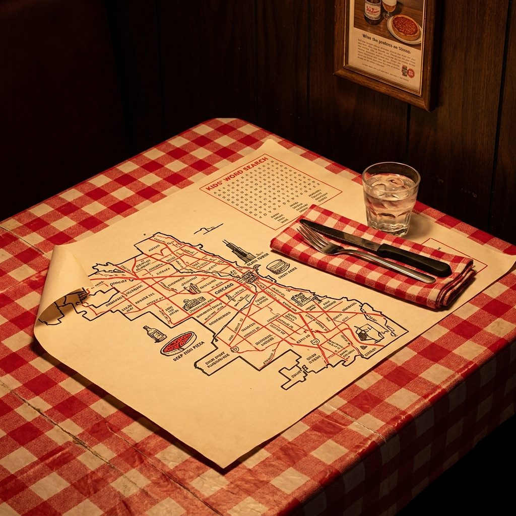 The Paper Placemat With the Chicago Neighborhood Map Printed in Red Ink