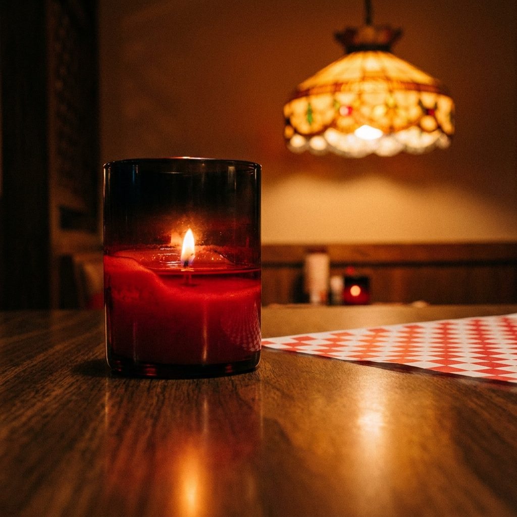 The Red Wax Candle in the Short Glass Holder That Burned at Every Table All Night