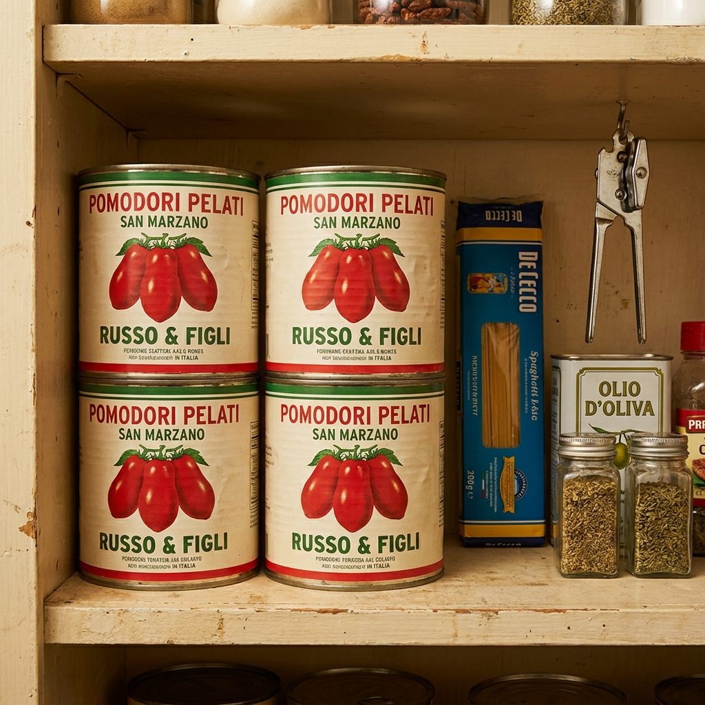 The San Marzano Cans Stacked in the Pantry Like a Small Reserve