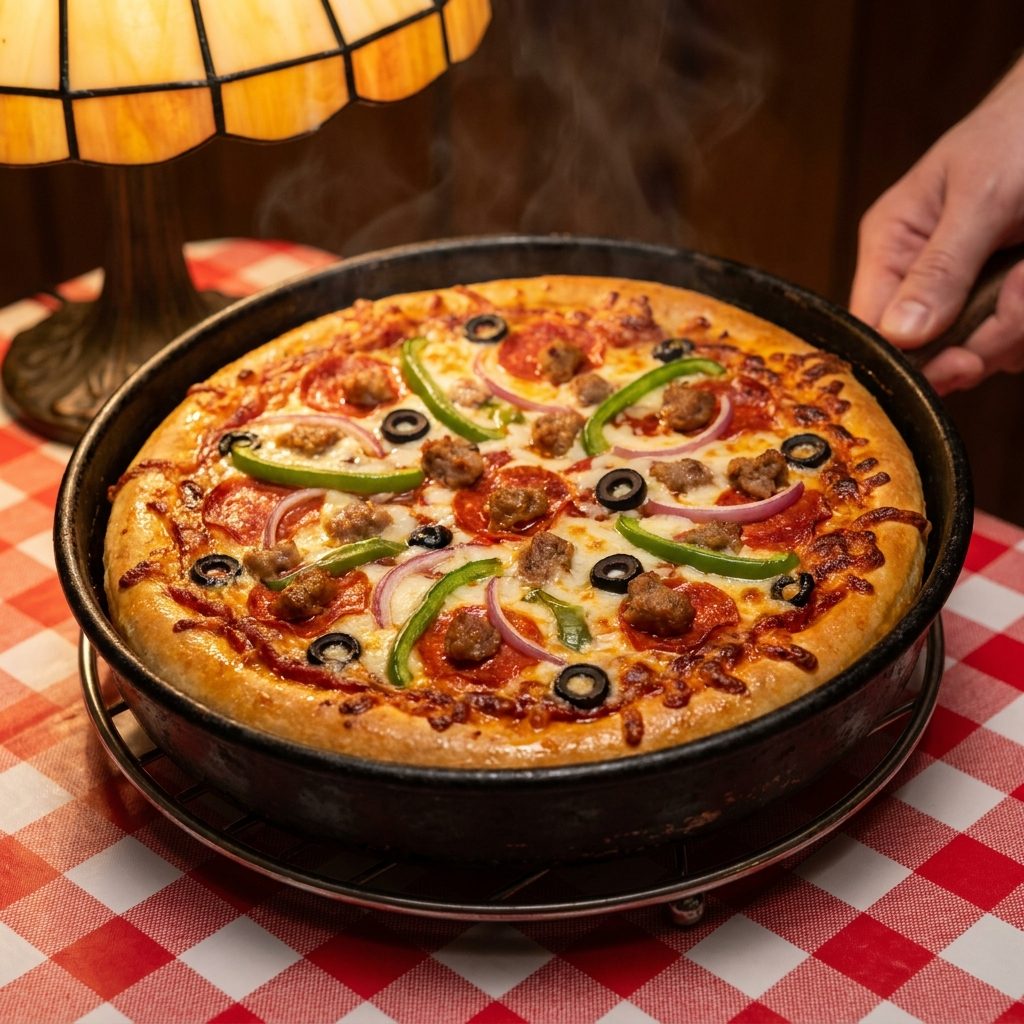 The Supreme Pizza That Came Out in a Pan So Hot the Cheese Was Still Bubbling