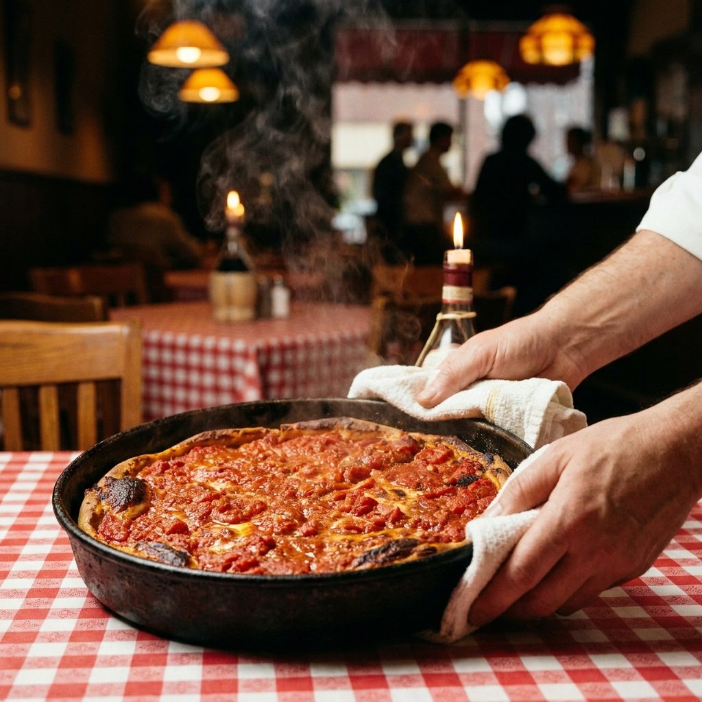 The Way the Waitress Carried the Pan to the Table With a Folded Cloth Because the Handle Was Still Hot