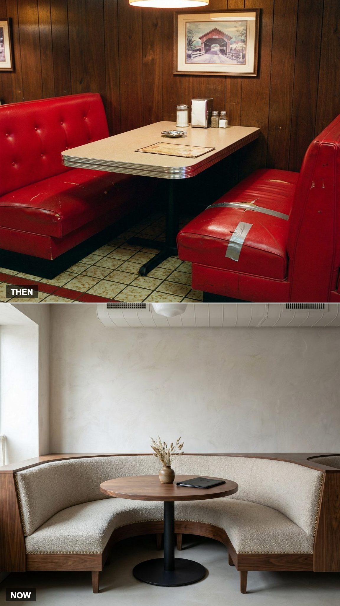 The Booth Itself: Cracked Red Vinyl vs. Boucle and Walnut