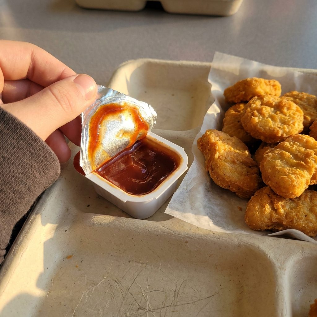 Chicken Nuggets With a Foil Tub of Barbecue Sauce