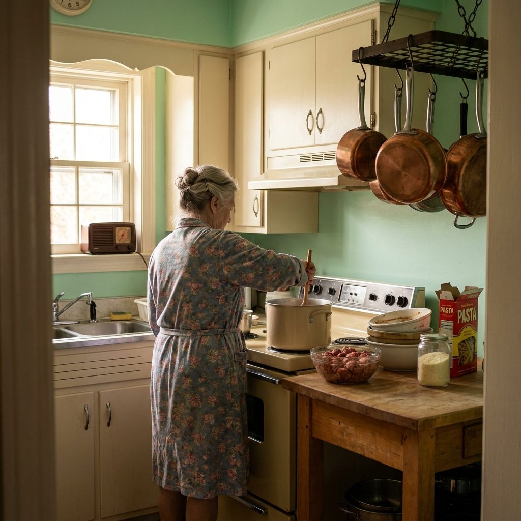 The Grandmother in the Housecoat Who Showed Up Sunday Morning and Took Over the Kitchen Without Asking