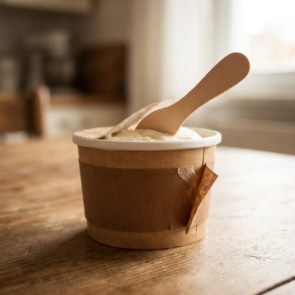 The Ice Cream Cup With the Flat Wooden Spoon Stuck to the Lid