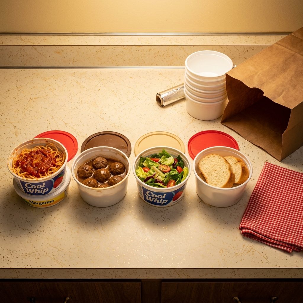 The Leftovers Packed Up in Cool Whip Containers to Take Home