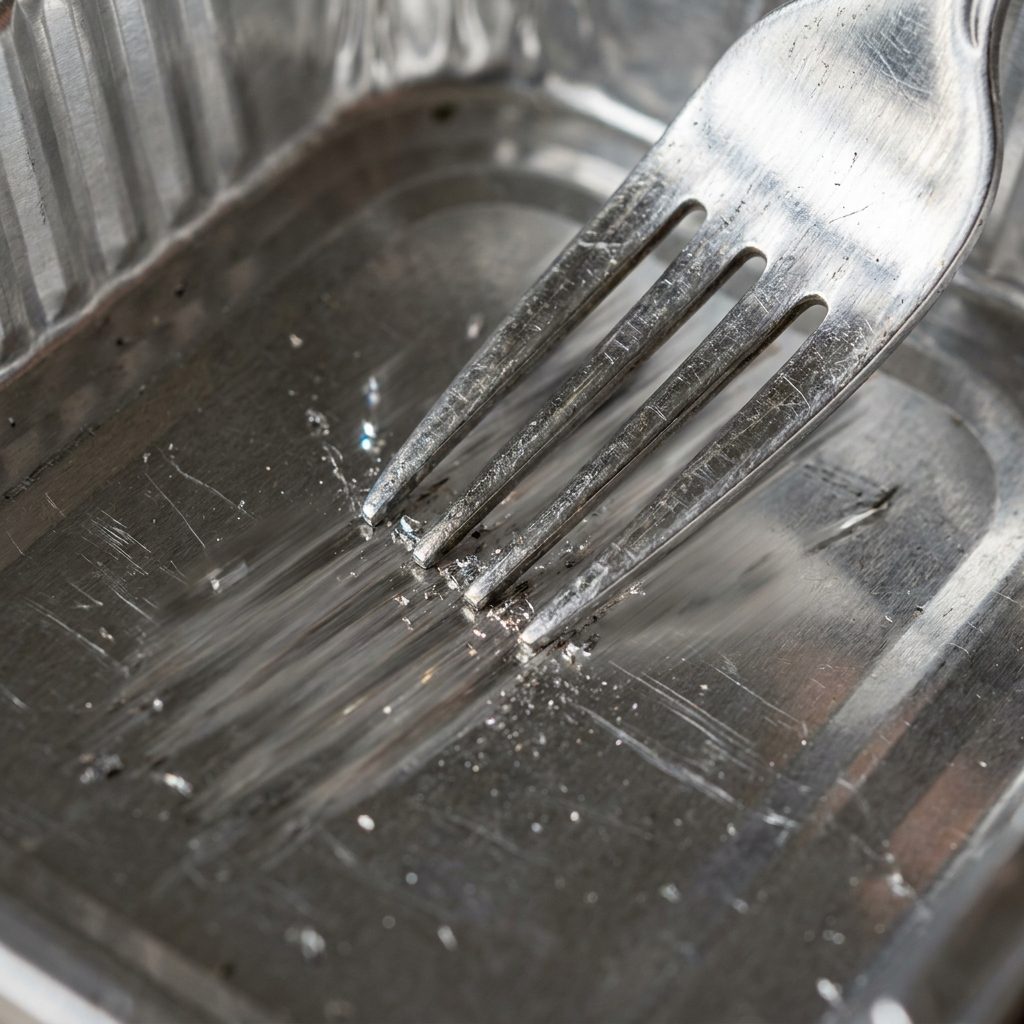 Metal Forks Scraping the Aluminum Tray