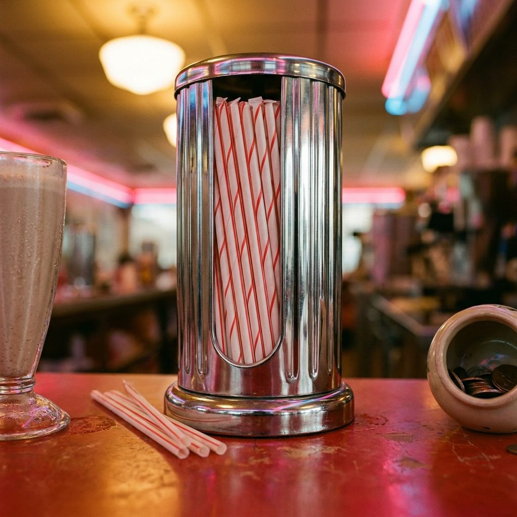 The Metal Straw Holders Full of Paper Straws With the Red Stripe