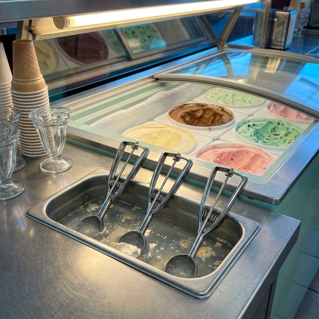 The Ice Cream Scoops Resting in a Dipper Well