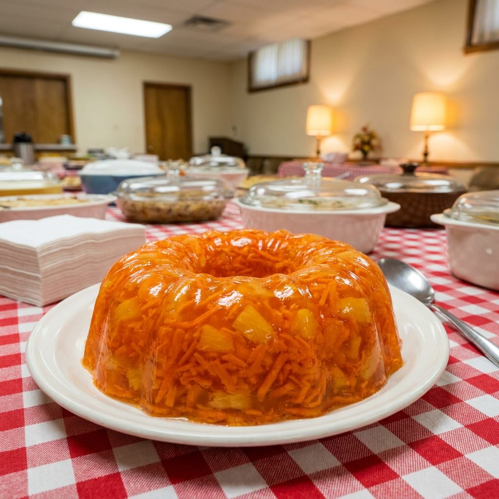 The Sunshine Salad With Grated Carrot and Crushed Pineapple in Orange Jell-O