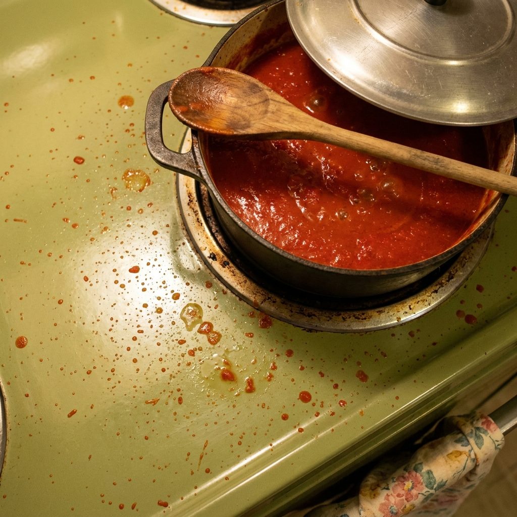 The Way the Sauce Spattered Onto the Stove and Nobody Wiped It Until the Sauce Was Done