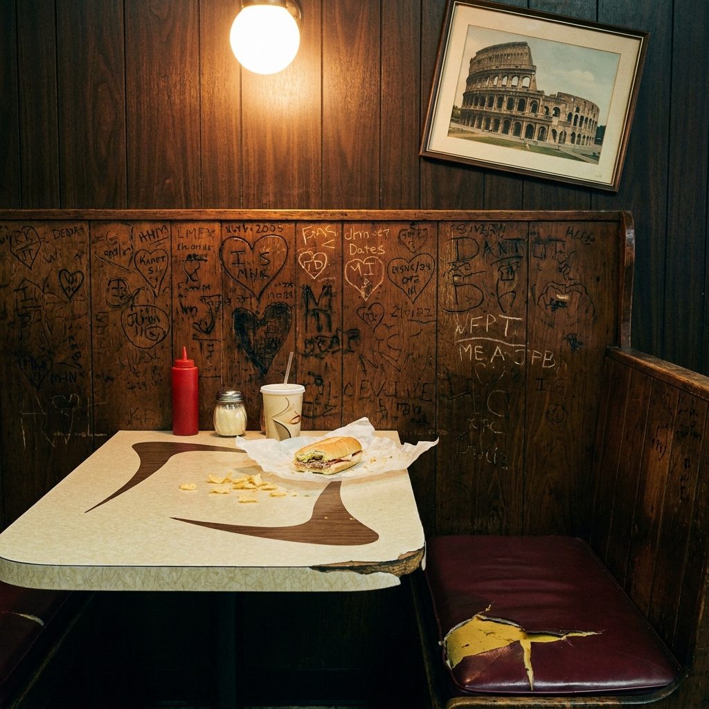 The Wooden Booth With Initials Carved Into It That No One Ever Sanded Down