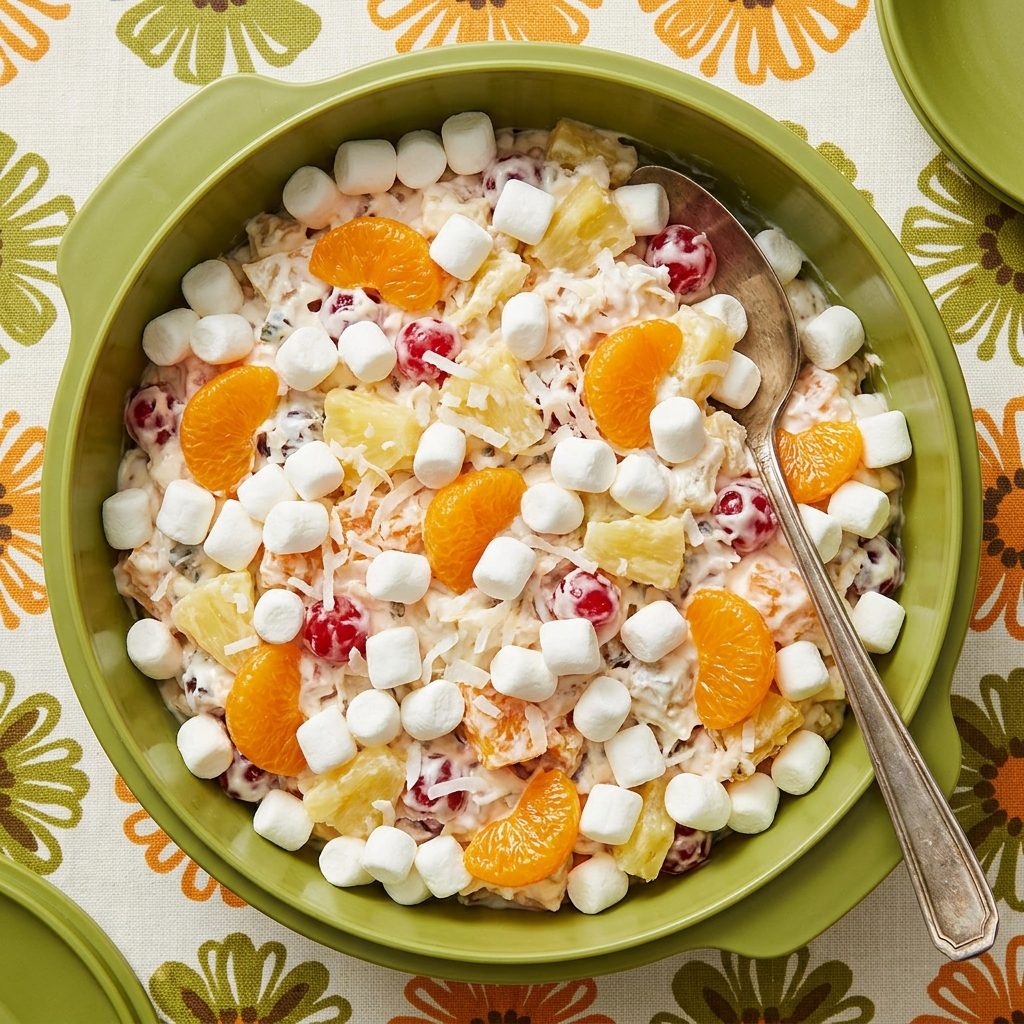 Ambrosia salad in a large avocado-green Tupperware bowl
