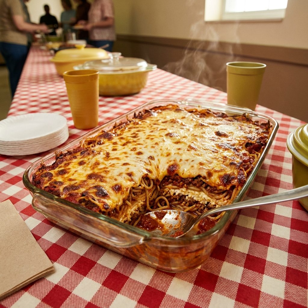 Baked spaghetti casserole with ground beef, tomato sauce, cottage cheese, and mozzarella