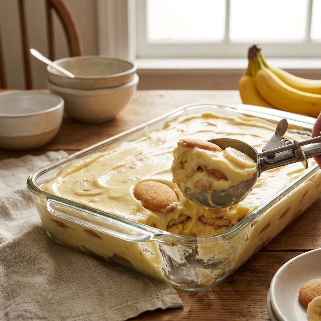 Banana pudding layered with vanilla wafers in a long glass baking dish