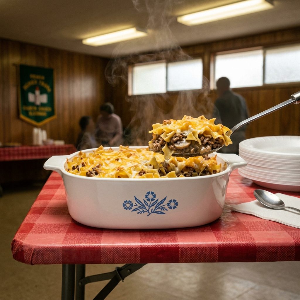 Beef and noodle casserole with cream of mushroom soup and cheddar in CorningWare