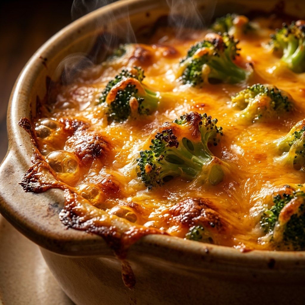 Broccoli rice casserole bubbling with melted Velveeta