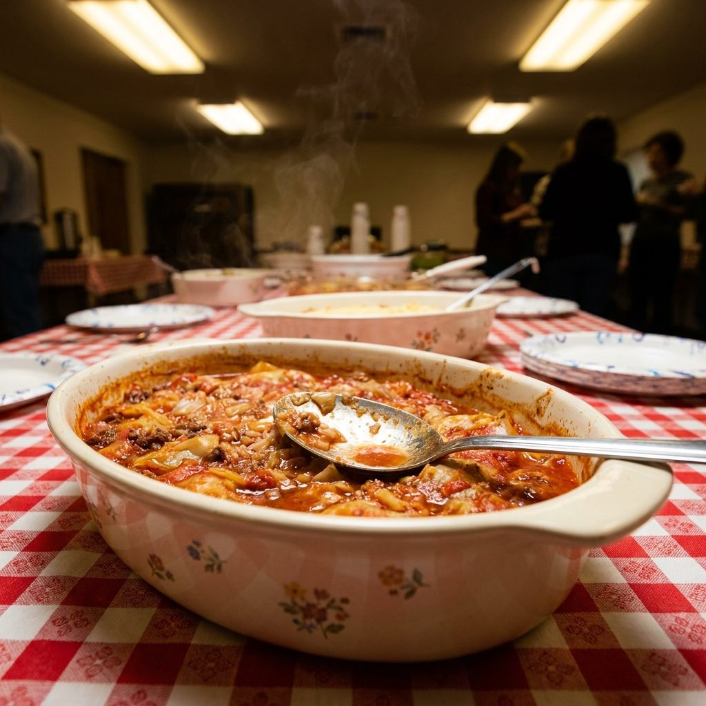 Cabbage roll casserole with chopped cabbage, ground beef, rice, tomato sauce, and onion