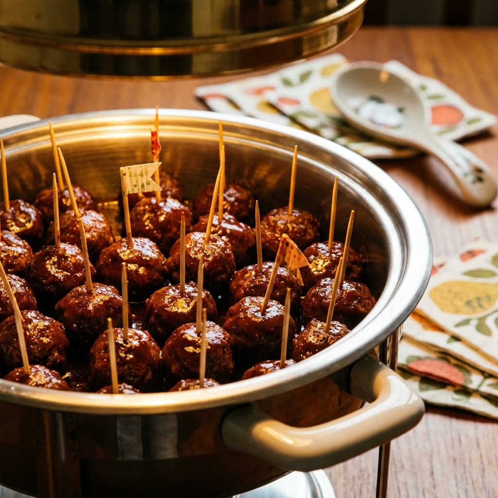 Cocktail meatballs simmered in grape jelly and chili sauce with toothpicks