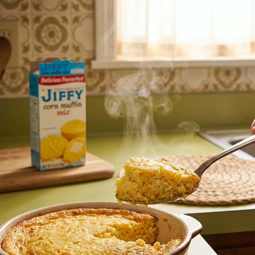 Corn casserole made with Jiffy corn muffin mix