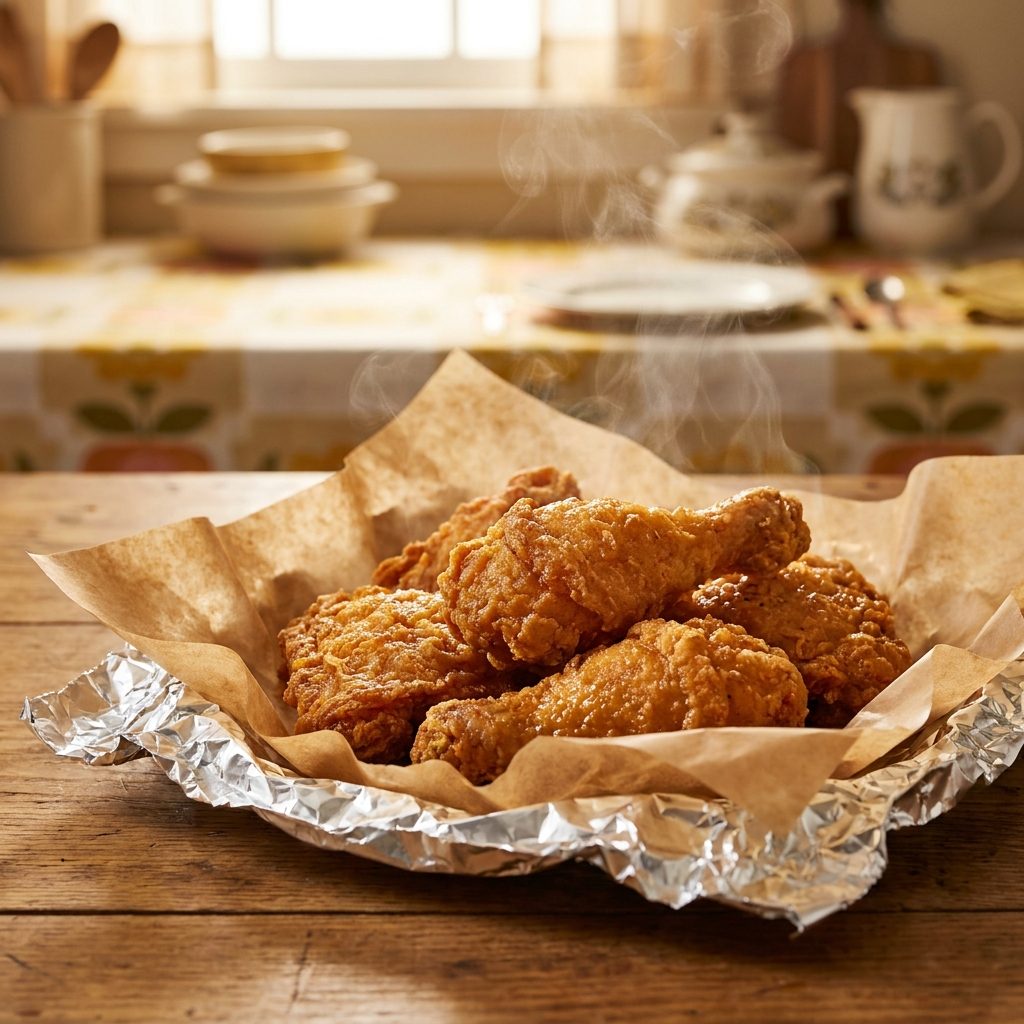 Crispy fried chicken wrapped in wax paper and foil for a church supper