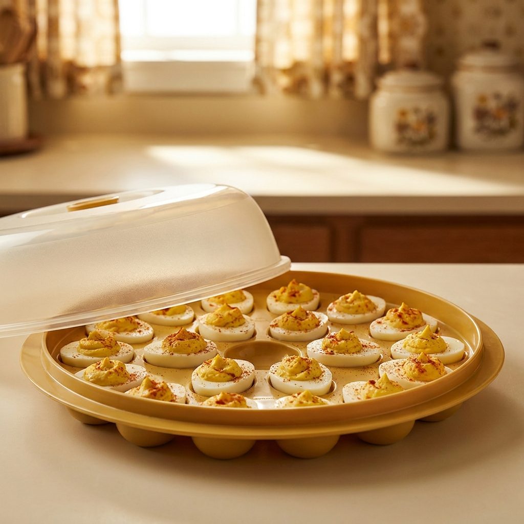 Deviled eggs arranged in a harvest gold Tupperware carrier