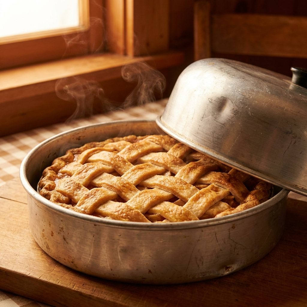 Double-crust apple pie inside a dented metal pie carrier