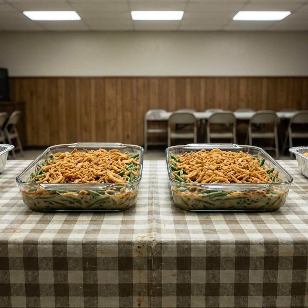 Green bean casserole topped with French-fried onions