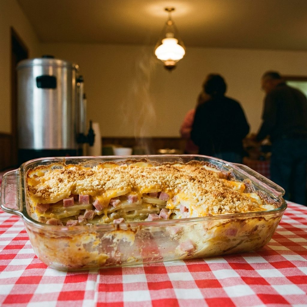 Ham and potato casserole with cheddar, cream of celery soup, and cracker crumbs