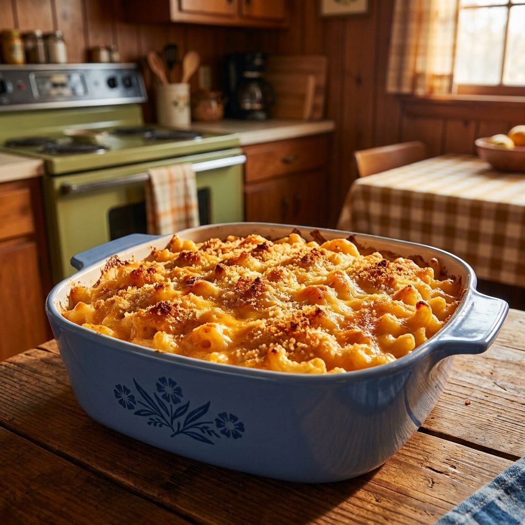 Homemade baked macaroni and cheese in a cornflower CorningWare dish