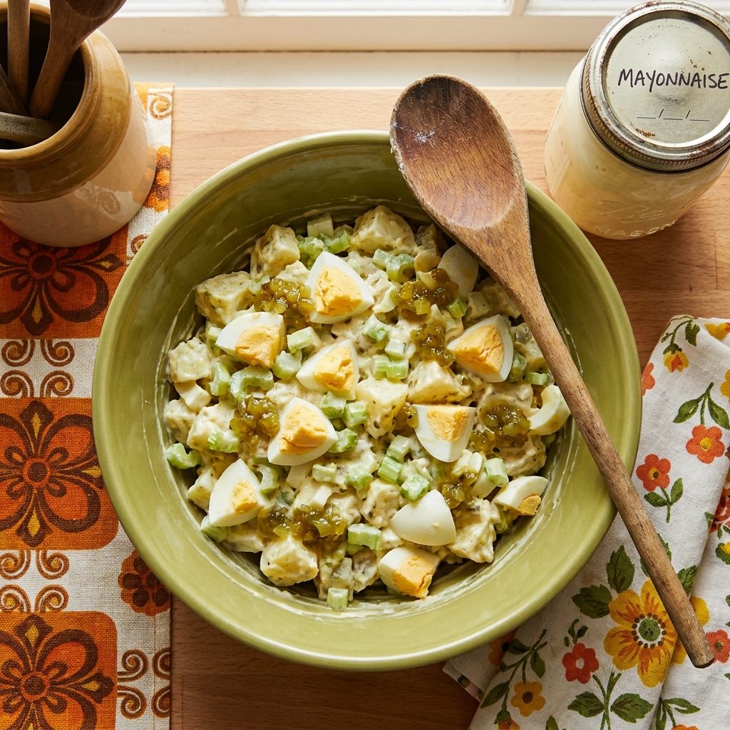 Homemade potato salad with Miracle Whip, mustard, celery, pickles, and hard-boiled eggs
