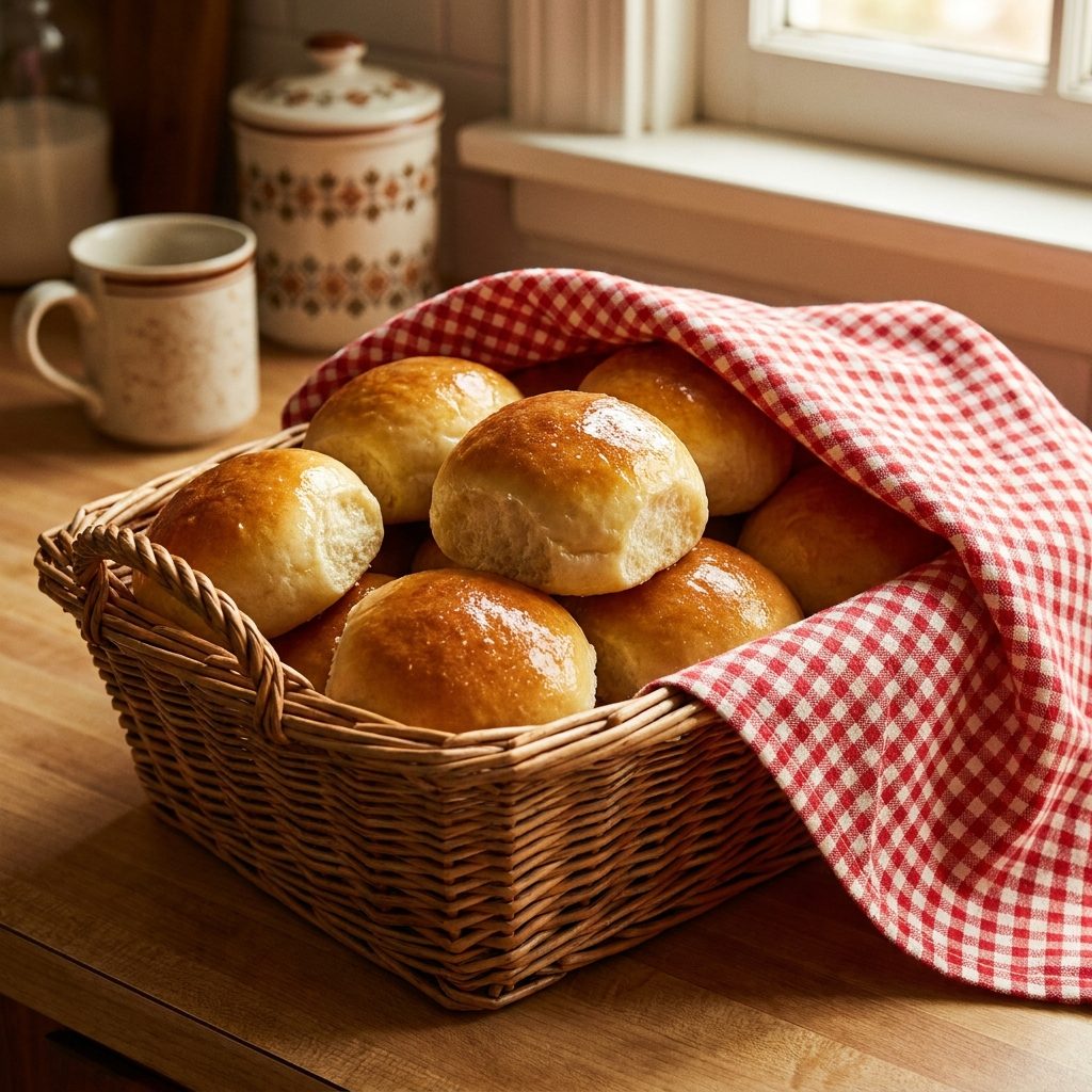 Homemade yeast rolls brushed with butter and wrapped in a kitchen towel