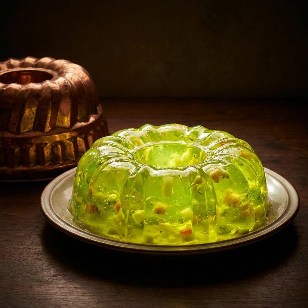 Lime Jell-O salad released from a decorative fluted mold