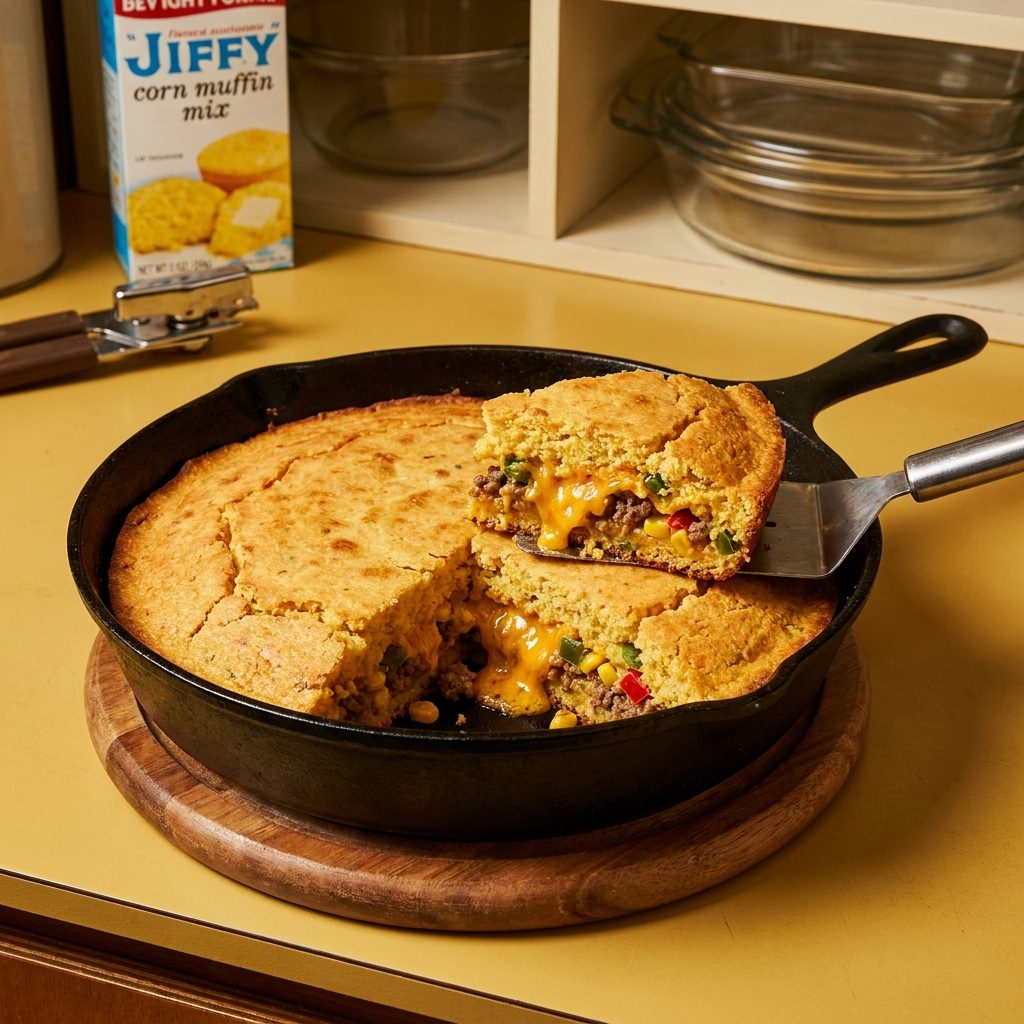 Mexican cornbread casserole with ground beef, creamed corn, jalapeños, and cheddar in a cast-iron skillet