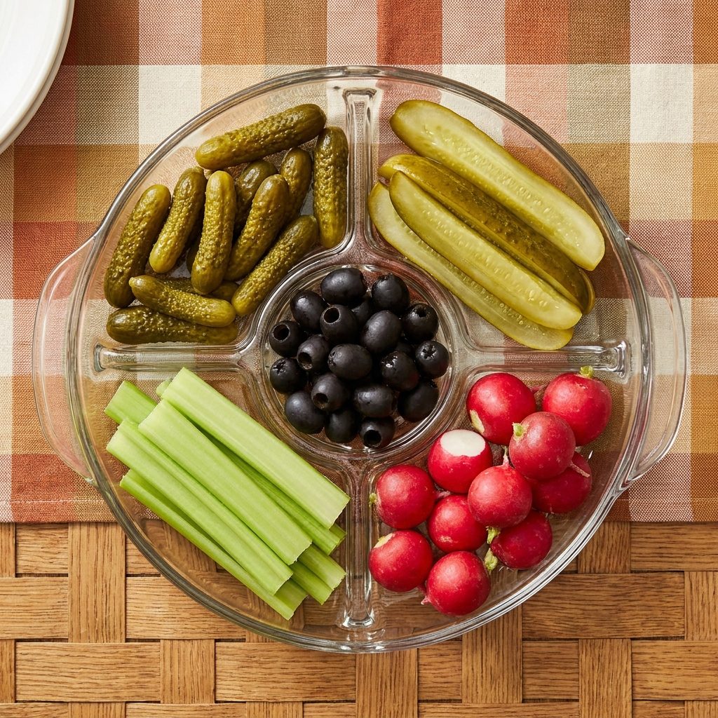 Relish tray with sweet pickles, dill pickles, black olives, celery sticks, and radishes